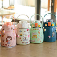 1000 ML Cute Cartoon Big Belly Thermal Bottle With Straw Stainless Steel Thermos Flask Large Capacity Kids School Insulated Cup