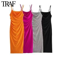 【YF】 TRAF Women Fashion Summer New Backless Sleeveless Sling Pleated V-Collar Sexy Midi Dress Chic Female Vintage Evening Dresses