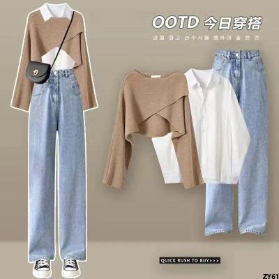 เสื้อโค้ทสามชิ้นแบบหลวมถักผู้หญิง + ชุดกางเกงยีนส์ฤดูใบไม้ร่วงเสื้อคาร์ดิแกนแขนยาวขากว้างรุ่นใหม่สไตล์เกาหลี