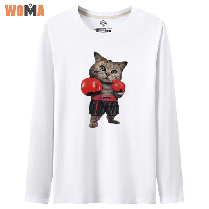 woma-เสื้อยืดแขนยาวผู้ชาย-เสื้อท่อนบนสุดอินเทรนด์-ลายแมวน่ารัก-เสื้อผู้ชายหลวม-ผ้าฝ้ายแท้