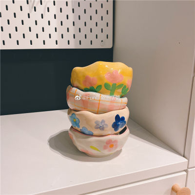 Hand Pinch Style Small Pink Flower Blue Flower Tulip Plaid Irregular Bowl Salad Bowl Dessert Bowl