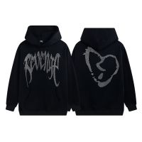 2023 NEWPlus ขนาด High Street Revenge ใหม่แฟชั่นเย็บปักถักร้อยหัวใจหักร้อนเจาะหลวมเสื้อแขนยาว Hooded