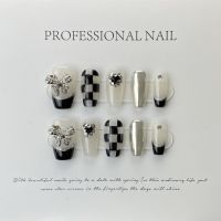 [HANDMADE]Artificial Nail Phototpy Nails Black Checkerboard Bowknot Diamond French Side Nail Finished Reusable and Detachable