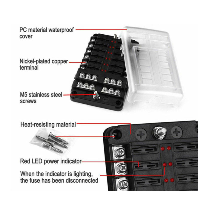 ฟิวส์บล็อกที่ถือชนวนรถ12วิธี-อเนกประสงค์พร้อมกล่องตัวเชื่อมฟิวส์รถยนต์กล่องฟิวส์รถขั้วไฟฟ้าลบพร้อมไฟ-led