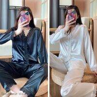 Baju Tidur Wanita ชุดนอนเดซี่น้อยผ้าซาตินสำหรับผู้หญิง,ชุดนอนผ้าไหมเซ็กซี่คอวีลูกไม้สีขาวและดำดีไซน์สีทึบสตรีแขนยาวหรูหราชุดใส่กลางคืน