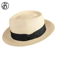 FS Vintage Panama Straw Hat Men Wide Brim Fedora Hats Mans Beach Sun Cap Jazz Ribbon Trilby Gangsters Caps Gentlemen