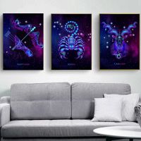 ☁۞❃ 12 Zodiac โปสเตอร์ Aquarius Taurus Leo Scorpio Constellation ภาพวาดผ้าใบสไตล์นีออนพิมพ์ภาพผนังศิลปะ Home Room Decor