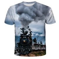 เครื่องยนต์รถไฟวินเทจ 3d พิมพ์เสื้อยืดฤดูร้อนแฟชั่นผู้ชายเด็กสบาย ๆ สไตล์ถนน O คอชายหาดคุณภาพบางด้านบน