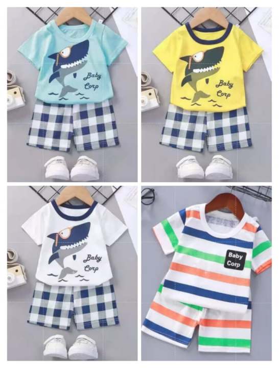 THE BABY DIARY Boys Girls Tshirt Shorts 2 Piece Set Pajamas Terno Shark ...