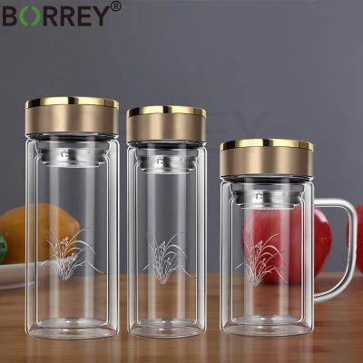 BORREY 450Ml Water Bottle Glass Double Wall Borosilicate Glass Tea Bottle With Infuser Filter Handle Double Layer Office Tea Cup