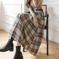 Office Ladies Vintage Autumn Winter Warm Midi Long Skirt Women Korean Irregular Plaid Mid-Length High Waist Skirt Female Belt