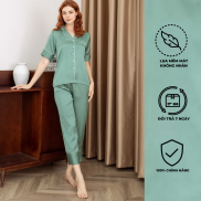 Đồ Bộ Pijama Nữ Lụa Cao Cấp Mặc Nhà Callia Tay Ngắn Quần Dài Màu Xanh