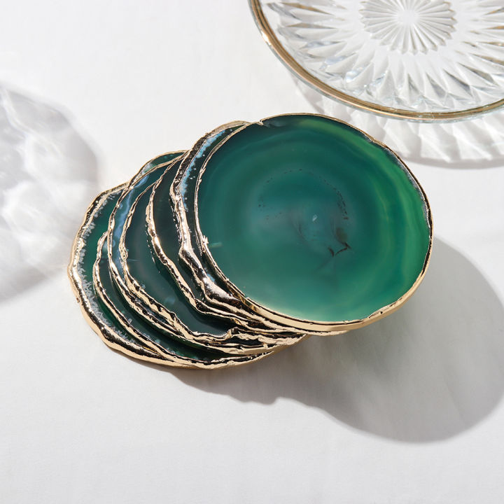 natural-crystal-green-agate-coaster-round-gold-plated-trim-wafer-insulated-coasters-polished-slices-home-decoration