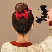 ♣ New Retro Red Bow Pill Head Catch Clip High Ponytail Fixed Hairpin Hair Clip Female Back of The Head Spoon Clip Headdress Female