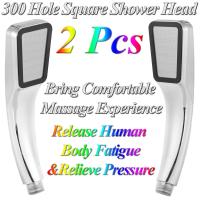 2 Pcs Home Living 300 Hole Water Saving Three Mode Pressure Boost Pressurize Hand-held Bathroom Shower Head Square Sprayer with Control Button