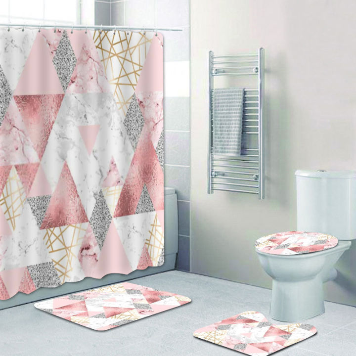 4pcs-rose-gold-pink-and-gray-marble-shower-curtain-set-for-bathroom-curtains-geometric-hexagon-bath-mats-rugs-toilet-home-decor