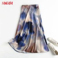 Tangada  New Women Tie Dyed Satin Midi Skirt Vintage Side Zipper Ladies Chic Mid Calf Skirts 4C174