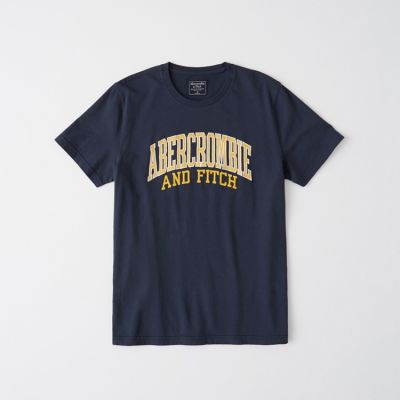 Abercrombie Fitch เสื้อยืดผ้าฝ้ายพิมพ์โลโก้ของผู้ชายแขนสั้นแบบหลวม