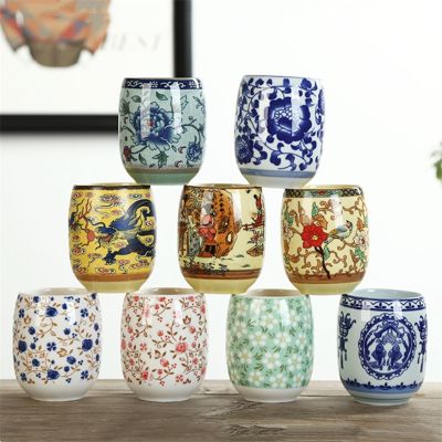 【High-end cups】สไตล์ญี่ปุ่นขนาดใหญ่ย้อนยุคพอร์ซเลนสีฟ้าและสีขาวถ้วยชากังฟู Drinkware ครัวเรือนแก้วน้ำแก้วไวน์สำนักงานถ้วยชา