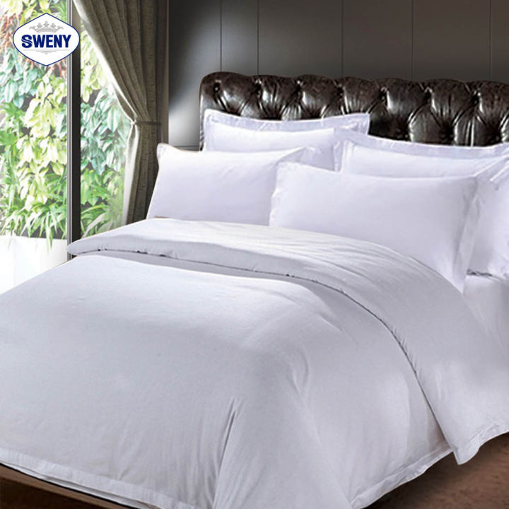 sweny-ชุดผ้าปูที่นอน-สีขาว-เกรดโรงแรม-แบบรัดมุม-6ฟุต-ขนาด6x6-5ฟุต-cotton100-180t-ผ้าปูที่นอน-ชุดเครื่องนอน-ชุดผ้าปูที่นอน