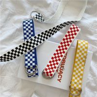 Women Men Canvas Belt D Ring Waist Strap Belts Black and White Plaid Checkerboard Canvas Belts Casual Plaid stripes Long Waistband