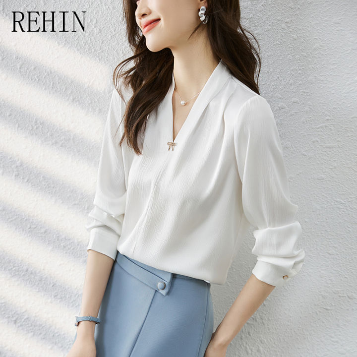 rehin-เสื้อเชิ๊ตผู้หญิงคอวี-เวอร์ชั่นเกาหลีใหม่ฤดูใบไม้ร่วง2023สีทึบใส่ได้ทุกโอกาสลำลองแฟชั่นแขนยาว