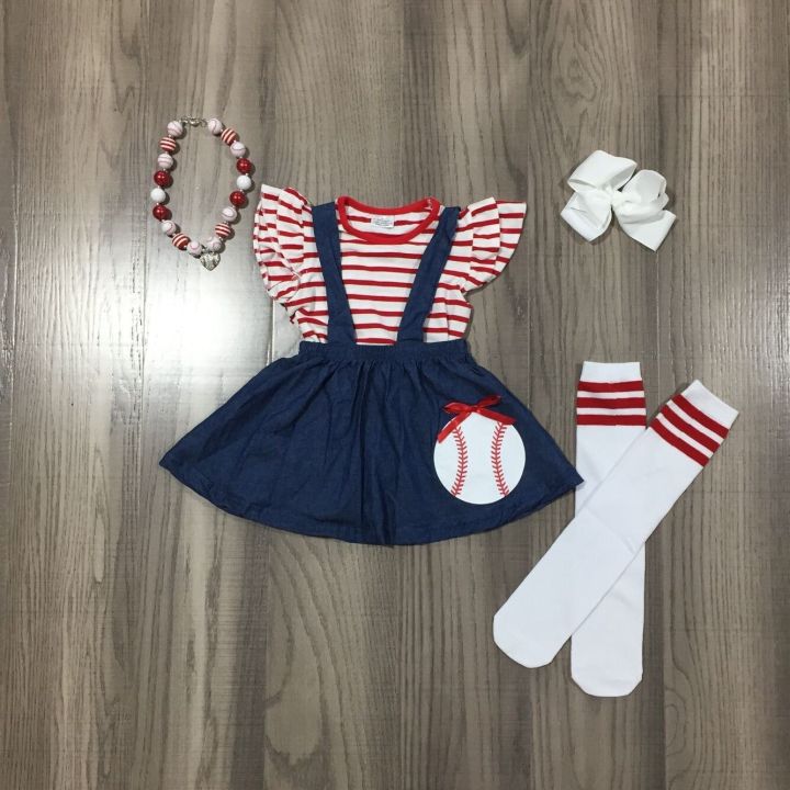 Summer Girl Stripe Red Short Sleeve Shirt Baseball Blue Slip Dress with Sock, Bow and Necklace