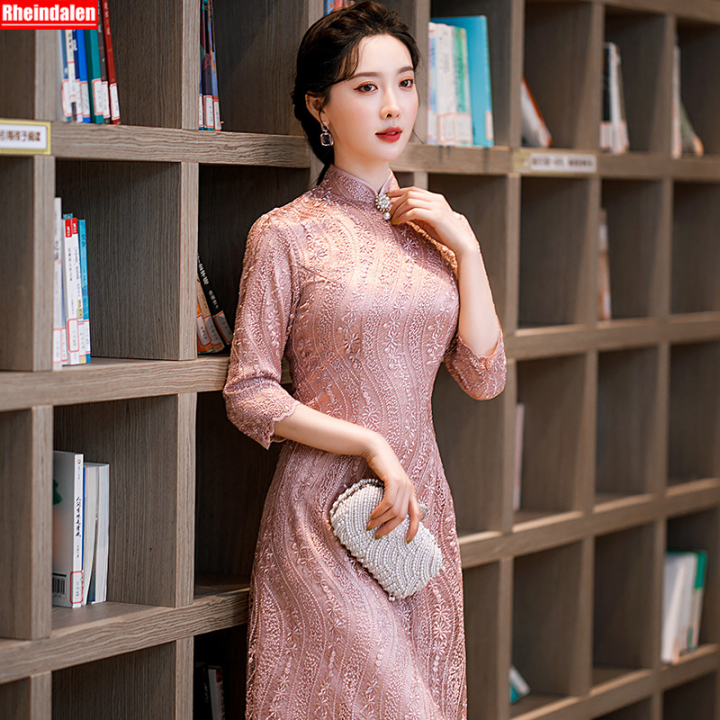 ใหม่ผู้หญิง-slim-แฟชั่น-retro-พิมพ์ลูกไม้ลูกปัดสีชมพู-cheongsam-จัดเลี้ยง-host-dress