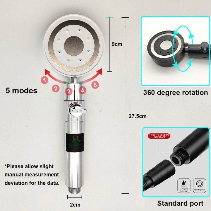 หัวฝักบัวอาบน้ำแรงดันสูง5โหมดจอแสดงผลอุณหภูมิดิจิทัลควบคุมฝักบัวแบบมีแรงดันพร้อมท่อและตัวกรองสำหรับยึด
