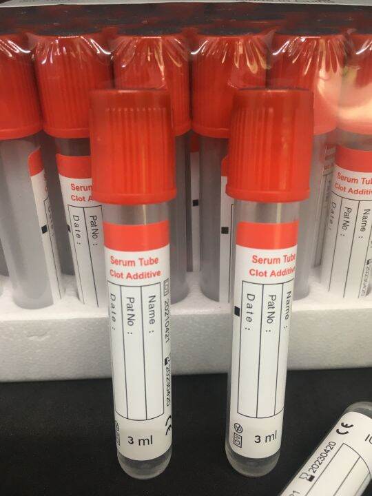 หลอดเก็บเลือด-clot-activator-vacuum-tube-จุกสีแดง-หลอดบรรจุสิ่งส่งตรวจ-ขนาด-3-ml-size-13-75-mm-100-ชิ้น-แพ็ค