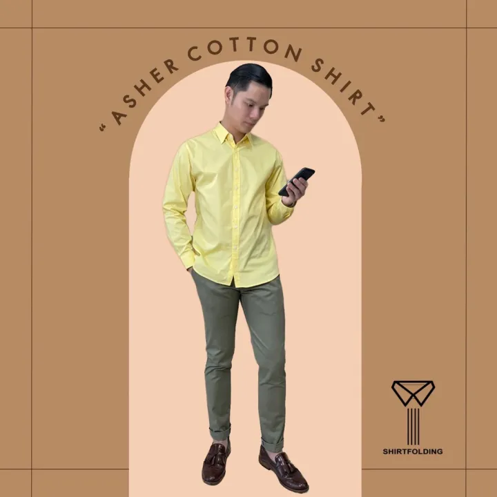 shirtfolding-เสื้อเชิ้ตคอตตอน-asher-cotton-แขนยาวคอปก-สีเหลือง-เขียวมะนาว-เขียวเข้ม