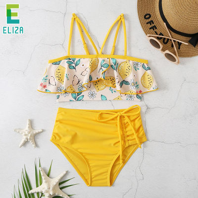 ES Kids Swimsuits High Waist Drawstring Printed Bikini Kids Swimsuit