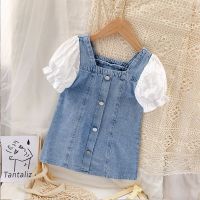 2-9Y Summer Kids Girls Dress 2021 New Solid Color Lace PuffSleeve Princess Dress Denim Children Dresses For Kids  by Hs2023