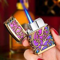 Briquet à gaz butane à motif creux créatif briquet à jet coupe-vent corps en métal cool flamme bleue cadeau quotidien pour homme