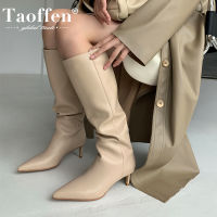 Taoffen Size 33-43 Women Genuine Leather Knee High Boots Pointed Toe Thin Heel Slip On Party Club Winter Ladies Footwear