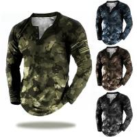 Mens Henley T-shirts for Summer Cotton T Shirt Graphic Camouflage 3d Print Long Sleeve Tops Clothing Oversized Streetwear Casua