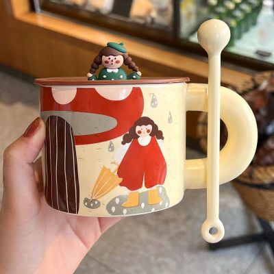 ถ้วยเซรามิกแก้วกับฝาช้อนบุคลิกที่สร้างสรรค์สาวน่ารักถ้วยน้ำคู่ถ้วยกาแฟสำหรับอาหารเช้าของครอบครัว MaleQianfun