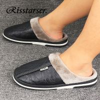 Plus Size Men Slippers Leather Indoor Winter Waterproof Warm Home Fur Women Slipper Male Unisex Memory Foam Slippers Cheap Sale