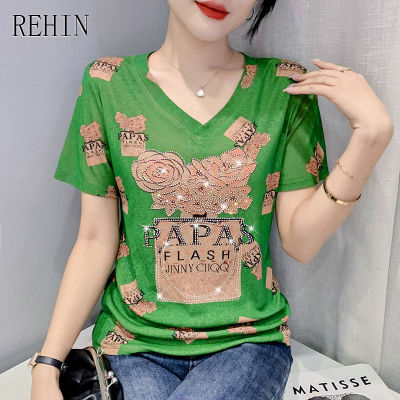 REHIN Women S Top Hot-Stamping Heavy-Duty Unique Pattern Pring V-Neck Short-Sleeved T-Shirt Loose-Fitting And Elegant Blouse