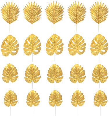 【cw】20pcs Artificial Plants Palm Leaves Plastic Gold Tropical Party Leaves Birthday Wedding Decorations Simulated Golden Turtle Leaf