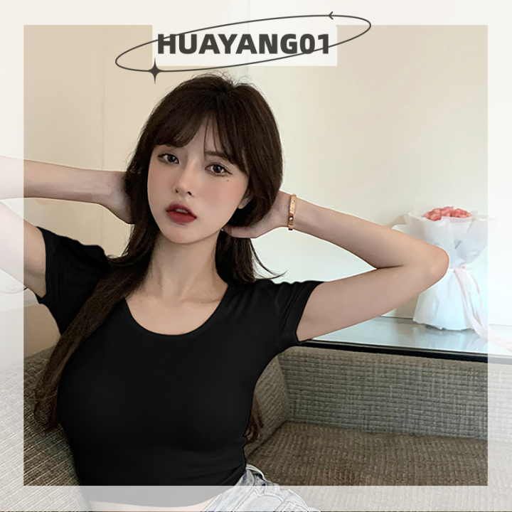 huayang01เสื้อยืดฤดูร้อนแขนสั้นผู้หญิง-คอกลมสุดเซ็กซี่สีทึบสลิมครอป