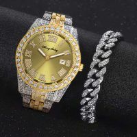 2PCS Full Iced Out Watches for Men Bracelet Bling Bling Luxury Watch Jewelry for Men Gold Watch Hip Hop Mens Watch Set Relojes