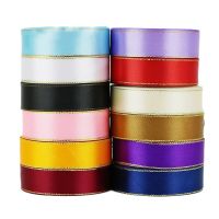 (25 yards/roll) 25mm gold edge satin ribbon wholesale high quality gift packaging ribbons Gift Wrapping  Bags