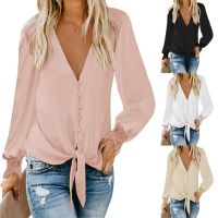 2022 autumn and winter new European and American womens tops V-neck splicing solid color loose long-sleeved chiffon shirt ❤