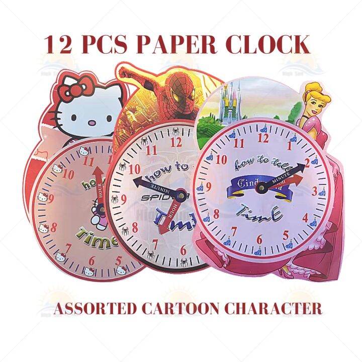 12Pcs Paper Clock Kid School Learning Paper Clock Cartoon Character