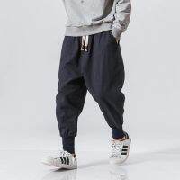 ผ้าฝ้ายผ้าลินินกางเกงฮาเร็มผู้ชายแข็งเอวยางยืด Streetwear Joggers 2023ใหม่ถุงวางเป้ากางเกงกางเกงลำลองผู้ชาย