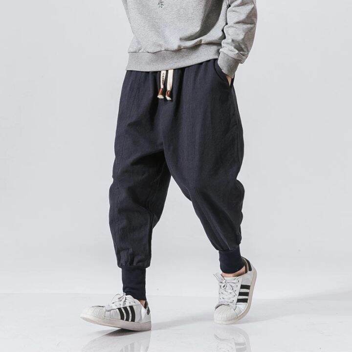 ผ้าฝ้ายผ้าลินินกางเกงฮาเร็มผู้ชายแข็งเอวยางยืด-streetwear-joggers-2023ใหม่ถุงวางเป้ากางเกงกางเกงลำลองผู้ชาย