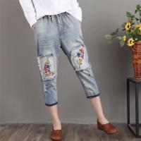 Plus Size Fashion Womens Jeans Mid Waist Cropped Pants Simple Embroidery Casual Denim Trousers