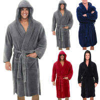 ผู้ชายหรูหราเสื้อฮู้ดเก็บความร้อนFleece Dressing Gowns Hooded Nightเสื้อคลุมอาบน้ำชุดนอน