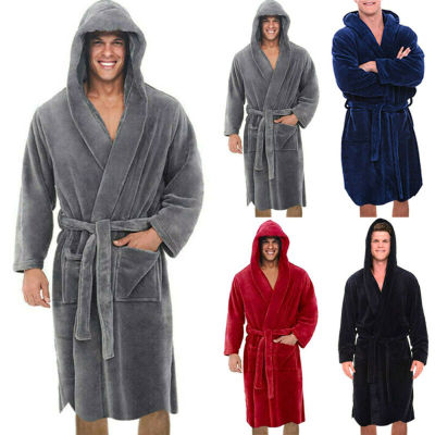 TOP☆Men Luxury Thermal Hoodie Fleece Dressing Gowns Hooded Night Bath Robe Nightwear